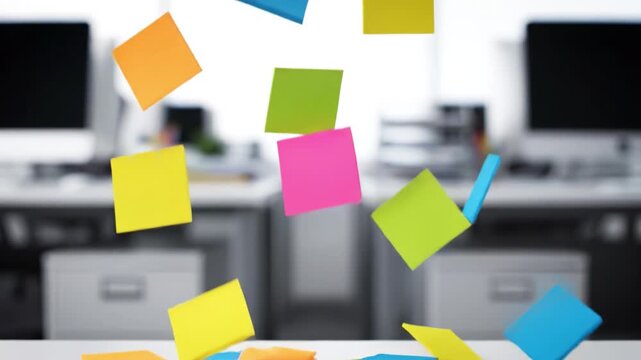 Colorful sticky note square pieces scattered and floating above modern office desk and glass partition, colorful adhesive paper creating playful brainstorming organization desk and glass bright