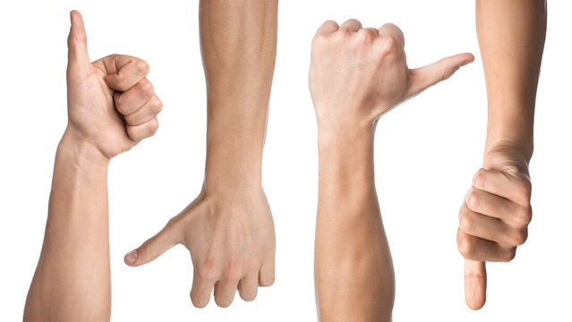 Men showing thumbs-up on white background, closeup. Collection of male hands