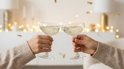 Two people toasting with champagne glasses in a festive setting