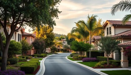 Fototapeta premium Upscale Costa Mesa homes, tree-lined streets, lush landscaping, California, residential