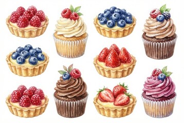 set of cupcakes with berries