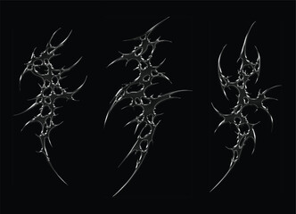 Set 3d chrome metal effect neo tribal y2k gothic style tattoo. Cyber sigilism abstract design. Black flame ornaments with sharp edges and metalcore aesthetic. Vector decorative elements