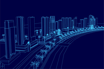 Fototapeta premium A city blueprint contour features tall buildings and palm trees against a dark blue background.