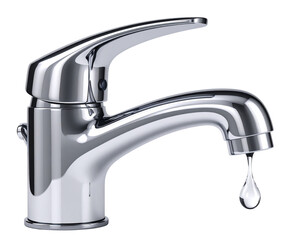 A white background features an isolated shiny silver faucet with a dripping water drop, cut out