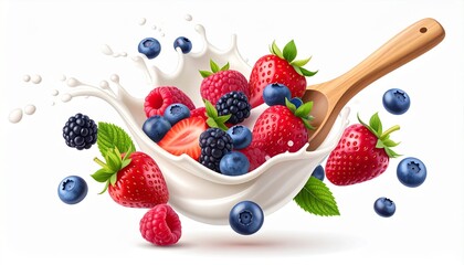Vibrant mixed berries spilling from wooden spoon with yogurt splash