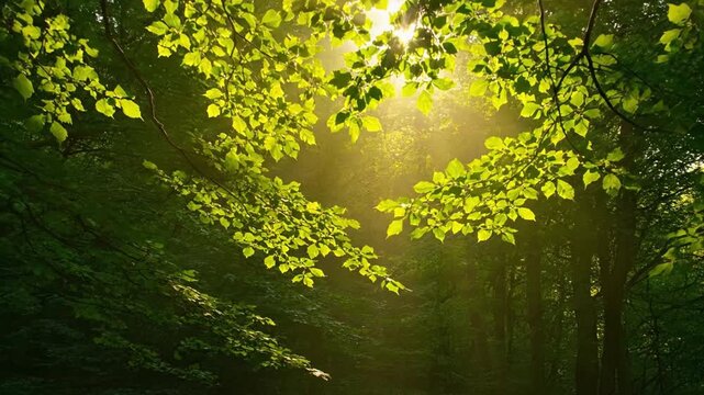 Sunlit green leaves forest sunlight morning rays woodland canopy tree branch fresh foliage sunbeam glow dappled light tranquil forest. sunlit green beech leaf canopy glowing with morning rays