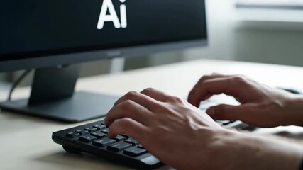 Person typing on a keyboard with AI text on a computer screen, representing artificial intelligence and technology in a modern office setting. - Powered by Adobe