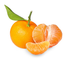 Fresh juicy tangerines isolated on white. Citrus fruit