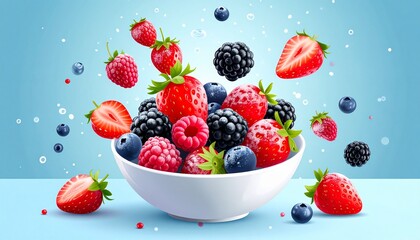 Fresh mixed berries spilling out of white bowl on blue background