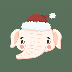 One cute white elephant wearing a Santa hat, isolated. Christmas-themed cartoon vector illustration. Perfect for children designs, holiday cards, invitations, wrapping paper, stickers, apparel