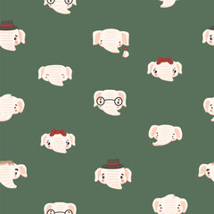 Seamless pattern of cute white elephants on a green background. Vector illustration for kids fabric, apparel, wrapping paper. Set of different elephant animals