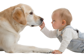 Curious baby gently touching a dog’s paw. Soft emotional interaction between baby and dog, realistic family lifestyle concept isolated on transparent background.
