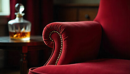 Luxury Red Velvet Armchair with Decanter of Amber Liquid in Dimly Lit Room