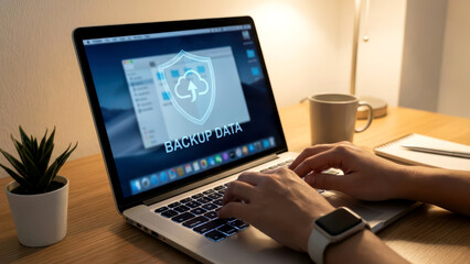 Person typing on laptop screen showing data backup and cloud storage concept