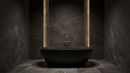 Luxurious modern bathroom interior with elegant black freestanding bathtub and dark marble design