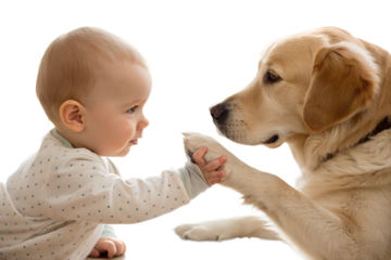 Curious baby gently touching a dog’s paw. Soft emotional interaction between baby and dog, realistic family lifestyle concept isolated on transparent background.