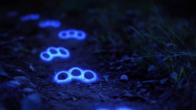 Cat explores glowing tracks in a mysterious forest at night revealing fantasy and intrigue
