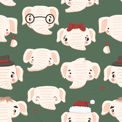 Seamless pattern set of cute white cartoon elephants on a green background. Some elephants are with bows hats glasses and flowers. Vector illustration for kids fabric, apparel, and wrapping paper