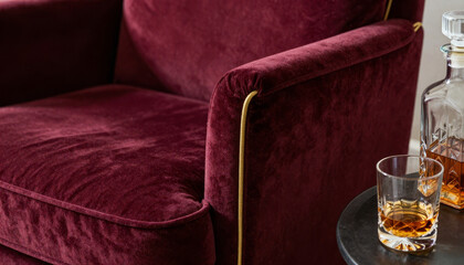 Opulent crimson velvet armchair with gilded trim next to a sophisticated whiskey and ice setup for a relaxing evening