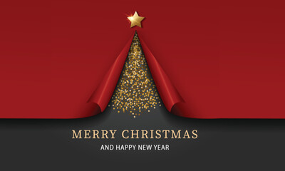 Elegant Merry Christmas Greeting Card with Red Curtains and Gold Star