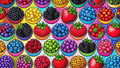 Vibrant colorful illustration of various berries in bowls on polka dot background