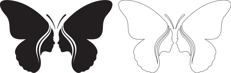 Black and Outline Butterfly Vector Graphic with Two Female Faces Optical Illusion isolated PNG with Transparent Background © Nazia