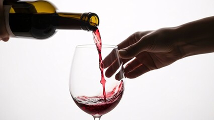 Close-up of hand pouring red wine into a glass with a white background for wine tasting or celebration event promotional use