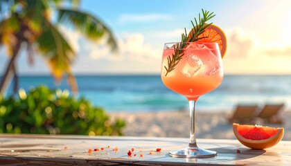 Pink grapefruit and rosemary gin cocktail  served in prepared gin cocktail glass on a tropical beach bar