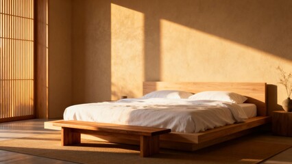 Sunlit Japandi Bedroom Minimalist Design with Natural Wood and Serene Ambiance for Relaxation and Comfort