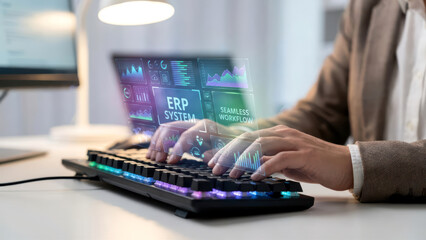 Hands typing on keyboard interacting with futuristic ERP system and data
