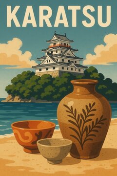Retro travel illustration of karatsu featuring a coastal castle with traditional pottery in the foreground designed as a japanese poster