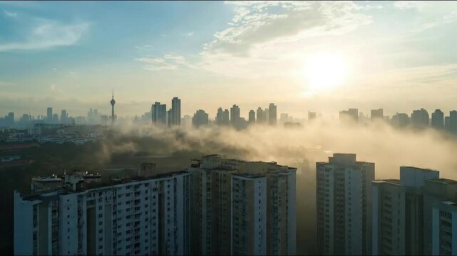 Foggy cityscape with cell tower and high-rise buildings at sunrise