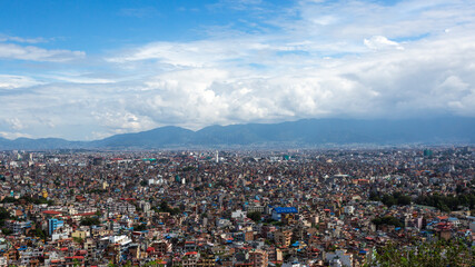 Kathmandu city view with lot of low rise buildings, from Swayambhunath stupa, Nepal.