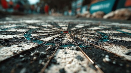 Dartboard Bullseye Closeup: A detailed, low-angle shot spotlights a well-worn dartboard, its bullseye centered amidst a tapestry of scoring sectors.