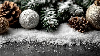 Christmas Ornament and Pine Cones: A festive assortment of christmas ornaments and pine cones rests elegantly on a bed of fresh, pristine snow. The details evoke the seasonal essence of celebration.