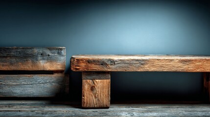 Rustic Wooden Bench: A weathered, textured wooden bench is positioned in a moody setting, its simple design and organic materials contrasting against the smooth background.