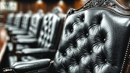 Sophisticated Courtroom Seating: A meticulously composed shot showcasing the grandeur of a courtroom setting. The elegant arrangement of black leather chairs against a backdrop of rich.