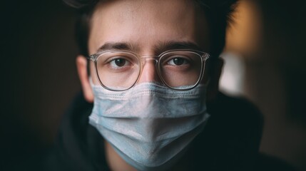 Head-and-shoulders portrait of a male subject in a surgical mask and spectacles, facing the camera with a steady gaze