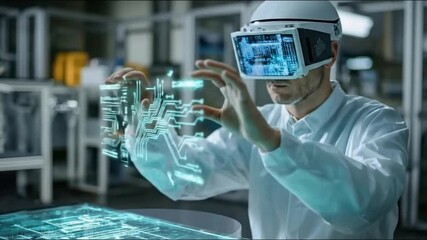 Technologist wearing VR headset interacting with futuristic digital interface in modern lab - Powered by Adobe