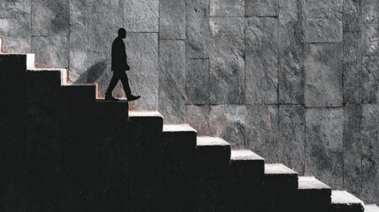 Ascending Journey: Silhouette of a lone figure navigating a monumental staircase, highlighting themes of progression, ambition, and personal growth against a textured, stone backdrop.