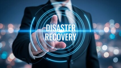Businessman in Suit Touching Digital Disaster Recovery Interface with Futuristic Tech Background for Data Backup and Business Continuity Solutions