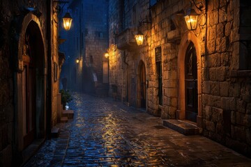 Fototapeta premium Historic alley at night with glowing lamps and damp cobbles, cinematic mood
