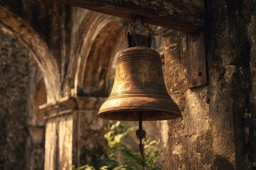 Obraz premium Historic church tower bell with patina in a tropical Christian church setting