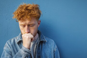 Illness concept: anxious young man with red hair coughing in a casual indoor setting