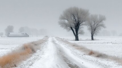 Winter Road to Serenity: A snow-covered road disappears into the misty horizon, flanked by frosted trees. A small farm building adds a touch of human presence to the expansive, serene landscape. 