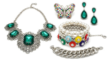 A vibrant and stylish collection of women's fashion costume jewelry, including a green gemstone statement necklace, matching earrings, and colorful bracelets