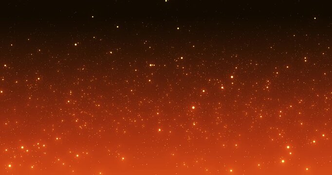 Warm glowing dust particles floating on a dark orange background, cinematic abstract atmosphere with soft sparkles and smooth motion for elegant visuals.