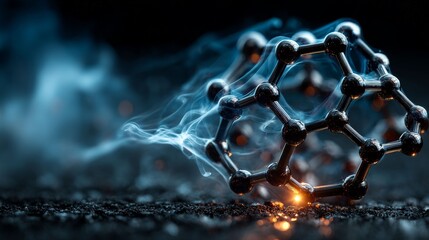 Molecular Nexus: An intricately designed molecular structure, emanating energy and shrouded in ethereal smoke, symbolizes the complex interconnectivity of modern science and technological innovation.