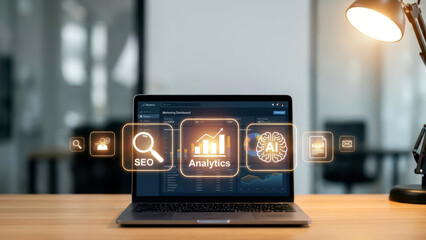 Digital Marketing Dashboard with AI and Data Analytics on Laptop