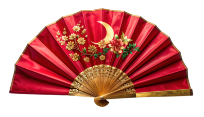 Crimson silk folding fan with gold floral and moon accents. Intricate design, elegant